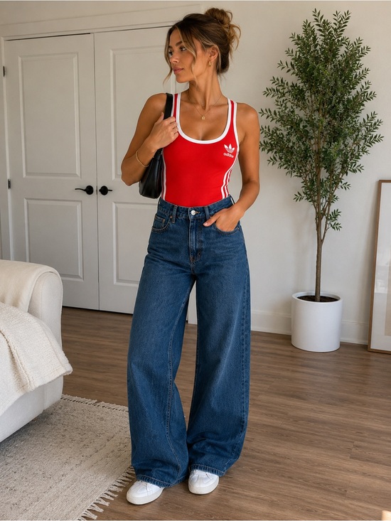 adidas Tops - Adidas Originals Red Trefoil 3-Stripes Bodysuit | Retro Athletic One Piece Small